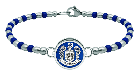 Pulsera personalizada de plata y acero "Escudo heráldico" (Azul)Referencia: PU2819Pulsera rígida de bolas de acero con el escudo heráldico de su apellido tallado bajo relieve en plata de ley y esmaltado al horno.Medida: 16x16mm.