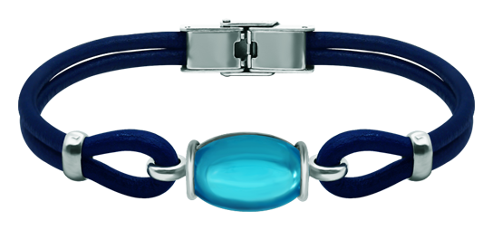 Pulsera de plata y cuero con cristal ovalado de colores (Azul)Referencia: PU2833Pulsera de cuero de 3mm de grosor y plata de ley con un cabujón de cristal de colores de 18x13mm.Medida: 18x13mm.