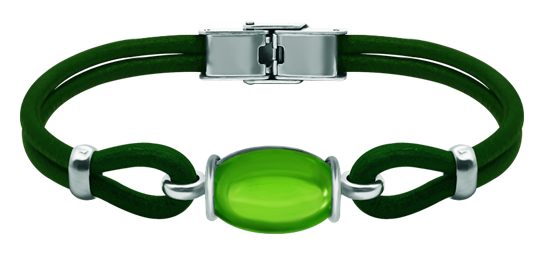 Pulsera de plata y cuero con cristal ovalado de colores (Verde)Referencia: PU2833Pulsera de cuero de 3mm de grosor y plata de ley con un cabujón de cristal de colores de 18x13mm.Medida: 18x13mm.