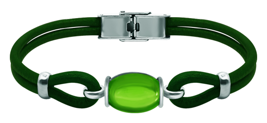 Silver and leather bracelet with oval colored crystals (Green)Ref. code: PU28343mm thick leather and sterling silver bracelet with a 16x12mm colored crystal cabochon.Size: 16x12mm.