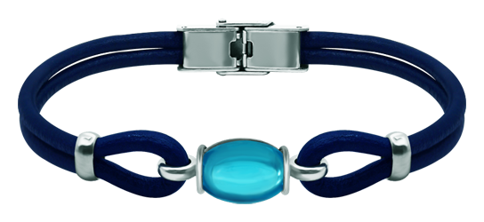Pulsera de plata y cuero con cristal ovalado de colores (Azul)Referencia: PU2835Pulsera de cuero de 3mm de grosor y plata de ley con un cabujón de cristal de colores de 14x10mm.Medida: 14x10mm.