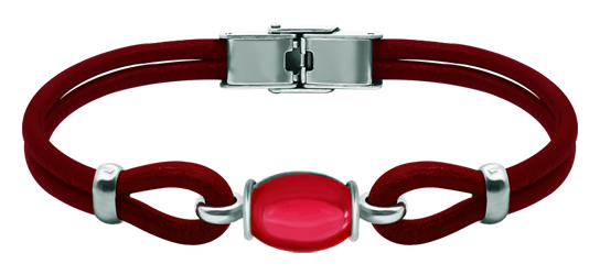 Silver and leather bracelet with oval colored crystalsRef. code: PU28353mm thick leather and sterling silver bracelet with a 14x10mm colored crystal cabochon.Size: 14x10mm.