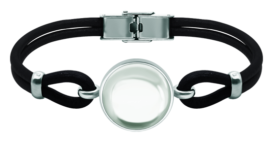 Silber- und Lederarmband mit farbigen KristallenRef. Code: PU28373 mm dickes Leder- und Sterlingsilberarmband mit einem 18 mm großen farbigen Glascabochon.Gr&ouml;&szlig;e: 20x20mm.