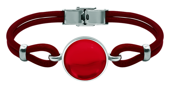 Silver and leather bracelet with colored crystalsRef. code: PU28373mm thick leather and sterling silver bracelet with an 18mm colored crystal cabochon.Size: 20x20mm.