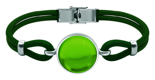 Bracelet en argent et cuir avec cristaux colorés (Vert)Referencia: PU2837Bracelet en cuir et argent sterling de 3 mm d'épaisseur avec un cabochon en verre coloré de 18 mm.Medida: 20x20mm.
