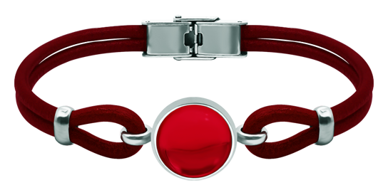 Silver and leather bracelet with colored crystalsRef. code: PU28393mm thick leather and sterling silver bracelet with a 14mm colored crystal cabochon.Size: 16x16mm.