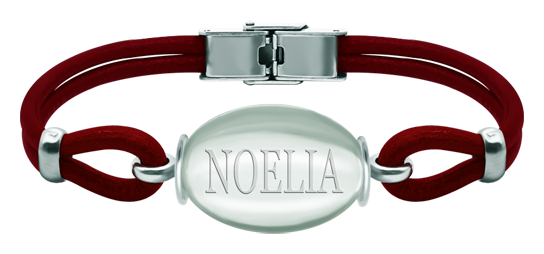 Silver and leather bracelet with oval crystal personalized with name 25x18mm (Red)Ref. code: PU28413mm thick leather and sterling silver bracelet with a 25x18mm crystal cabochon personalized with engraved name.Size: 25x18mm.