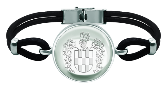 Pulsera heráldica de plata y cuero con cabujon cristal de 25mm (Negro)Referencia: PU2847Pulsera de cuero de 3mm de grosor y plata de ley con un cabujón de cristal de 25mm grabado con el escudo heráldico de su familia.Medida: 27x27mm.