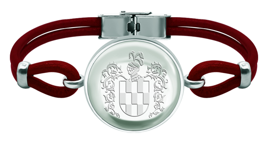 Silver and leather heraldic bracelet with 25mm crystal cabochon (Red)Ref. code: PU28473mm thick leather and sterling silver bracelet with a 25mm crystal cabochon engraved with the heraldic coat of arms of your family.Size: 27x27mm.
