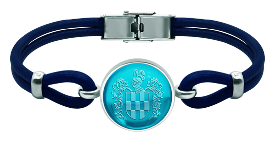 Silver and leather heraldic bracelet with 18mm colored crystal (Blue)Ref. code: PU28483mm thick leather and sterling silver bracelet with an 18mm colored crystal cabochon engraved with your surname shield on the crystal.Size: 20x20mm.