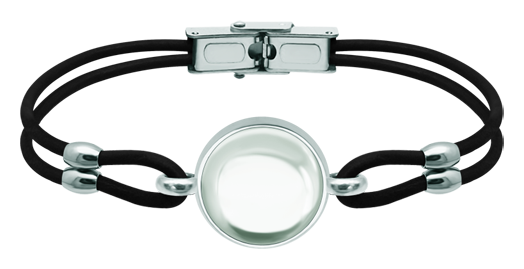 Silver and leather bracelet with 16mm colored crystal cabochonRef. code: PU28513mm thick leather and sterling silver bracelet with a 16mm colored crystal cabochon.Size: 18x18mm.