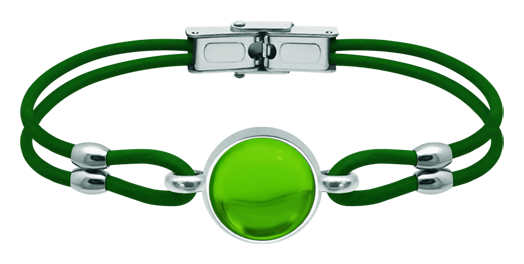 Silver and leather bracelet with 14mm colored crystal cabochon (Green)Ref. code: PU28523mm thick leather and sterling silver bracelet with a 14mm colored crystal cabochon.Size: 16x16mm.