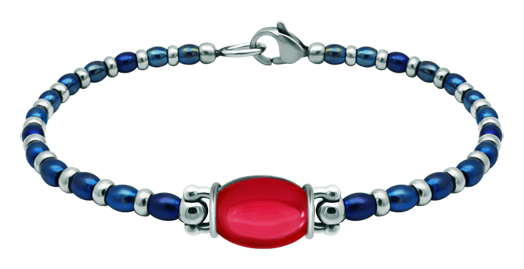 Silver and steel bracelet with oval colored crystal 14x10mmRef. code: PU2855Steel and sterling silver bead bracelet with a 14x10mm colored crystal cabochon.Size: 14x10mm.