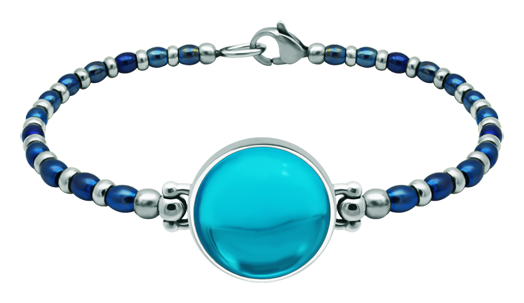 Pulsera de plata y acero con cristal de colores 18mm (Azul)Referencia: PU2856Pulsera de bolas de acero y plata de ley con un cabujón de cristal de colores de 18mm.Medida: 20x20mm.