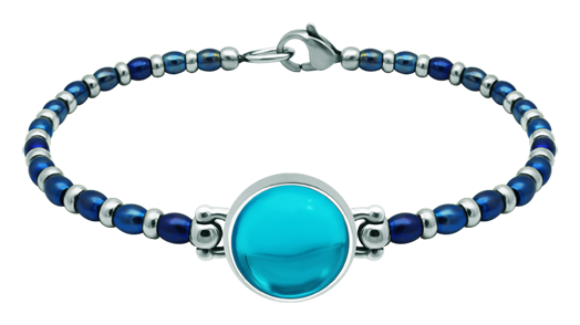 Silber- und Stahlarmband mit farbigem Kristall 14mm (Blau)Ref. Code: PU2858Perlenarmband aus Edelstahl und Sterlingsilber mit einem 14 mm großen farbigen Glascabochon.Gr&ouml;&szlig;e: 16x16mm.