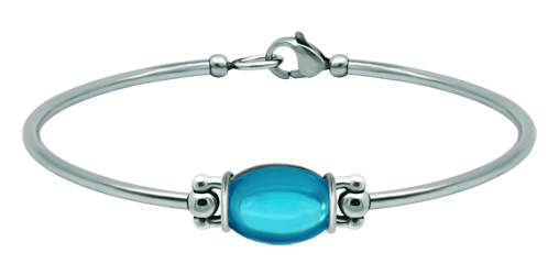 Silver and steel bracelet with oval colored crystal 14x10mm (Blue)Ref. code: PU2861Rigid steel and sterling silver bracelet with a 14x10mm colored crystal cabochon.Size: 14x10mm.