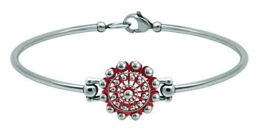 Pulsera Boton Charro plata y acero 16mm (Rojo)Referencia: PU2875Pulsera de acero con Boton Charro de 16mm fabricado en plata de ley esmaltada a mano.Medida: 16x16mm.