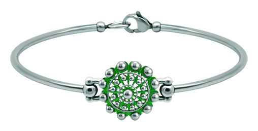 Pulsera Boton Charro plata y acero 16mm (Verde)Referencia: PU2875Pulsera de acero con Boton Charro de 16mm fabricado en plata de ley esmaltada a mano.Medida: 16x16mm.
