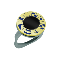 Bague "Drapeaux nautiques" en or, acier et onyx (Black onix)Referencia: SR0331Roue personnalisée avec drapeaux nautiques représentant son nom sculpté en bas-relief en or 18 carats, montée sur un anneau en acier poli, avec onyx au centre.Medida: 16x16mm.