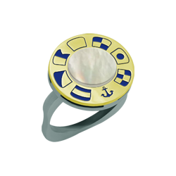 "Nautic flags" gold, steel and nacre ringRef. code: SR0332Ring made of soft stainless steel, customized name on nautic flags made of 18 carat gold, with 8mm nacre.Size: 16x16mm.