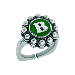 Botón charro silver ring (Green)Ref. code: SR0354Steel ring with sterling silver charro button personalized with baked enamel initial.Size: 16x16mm.
