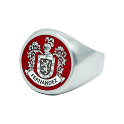 Heraldic Shield signet ring in enameled silver (Red)Ref. code: SR0368Seal type ring made of sterling silver with heraldic shield of his surname enameled by hand.Size: 16x16mm.