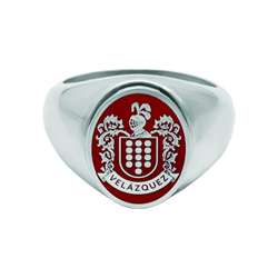 Heraldic Shield signet ring in enameled silver (Red)Ref. code: SR0383Seal type ring made of sterling silver with heraldic shield of his surname enameled by hand.Size: 13x16mm.