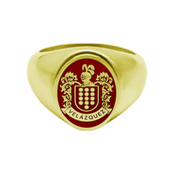 Sortija sello de Escudo Heráldico ovalado en oro esmaltado (Rojo)Referencia: SR0387Anillo de tipo sello ovalado fabricado en oro de 18 ktes con escudo heráldico de su apellido esmaltado a mano.Medida: 13x16mm.
