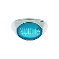 Personalized silver ring with name engraved in crystal (Blue)Ref. code: SR0391Ring made of sterling silver with 14x10mm colored crystal cabochon personalized with your name engraved.Size: 14x10mm.