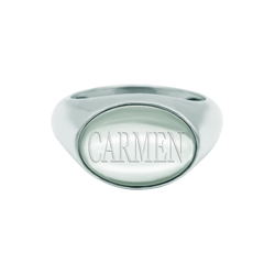 Personalized silver ring with name engraved in rock crystalRef. code: SR0391Ring made of sterling silver with 14x10mm colored crystal cabochon personalized with your name engraved.Size: 14x10mm.