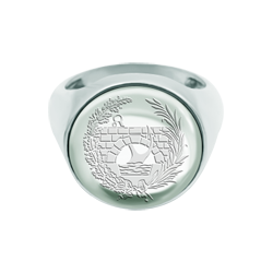 Bague en argent avec les armoiries des ingénieurs civils gravées en cristal de roche (Crystal)Referencia: SR0394Bague en argent sterling avec un cabochon en verre coloré de 16 mm avec l'anagramme du Colegio Oficial de Ingeniero de Caminos, Canales y Puertos gravé au dos du cristal.Medida: 16x16mm.