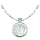 Silver pendant with heraldic coat of arms engraved in rock crystal and moissaniteRef. code: CO2019Pendant made in sterling silver with an 18x18mm stained glass cabochon, with the heraldic shield of his family name engraved on the back of the crystal and a 5mm brilliant cut moissanite set.Moissanite is a precious gemstone created in a laboratory that has earned a special place in jewelry for its beauty and unique qualities, it dazzles for its brilliance superior to diamond and its great resistance (9.25 on the Mohs scale).Originally discovered in a meteorite at the end of the 19th century, this 