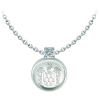 Family coat of arms engraved in rock crystal and moissanite silver pendantRef. code: CO2020Pendant made in sterling silver with a 16x16mm stained glass cabochon, with the heraldic shield of his family name engraved on the back of the crystal and a 5mm brilliant cut moissanite set.Moissanite is a precious gemstone created in a laboratory that has earned a special place in jewelry for its beauty and unique qualities, it dazzles for its brilliance superior to diamond and its great resistance (9.25 on the Mohs scale).Originally discovered in a meteorite at the end of the 19th century, this 