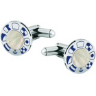 Gemelos náuticos de plata, acero y nacar "Banderas náuticas"Referencia: GE0366Gemelos de rueda personalizada con banderas náuticas representando su nombre talladas bajo relieve en plata de ley, con nácar en el centro.Medida: 16x16mm.