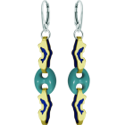 "Dolphins and hawsers" gold and turquoise earringsRef. code: PE3272Dolphin earrings enameled and enameled in 9kt gold with turquoise hawsers.Size: 21x7mm.