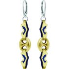 Pendientes de oro "Calabrotes y delfines"Referencia: PE3286Pendientes de delfines calados y esmaltados en oro de 9 ktes con calabrotes de oro de 9 ktes.Medida: 21x7mm.