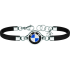 "BMW" silver, steel and leather braceletRef. code: PU2732Leather bracelet with BMW logo carved in low relief in sterling silver and stove enameled.Size: 19x16mm.