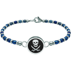 Silver and steel bracelet "Pirate Flag"Ref. code: PU2812Rigid steel ball bracelet with the pirate flag carved in sterling silver and enameled in the oven.Size: 16x16mm.