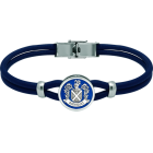 Leather and silver heraldic braceletRef. code: PU28183mm thick leather bracelet with the heraldic shield of your family name carved in low relief in sterling silver and enameled in the oven.Size: 16x16mm.