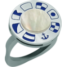 "Nautic flags" silver, steel and nacre ringRef. code: SR0329Ring made of soft stainless steel, customized name on nautic flags made of sterling silver, with 8mm nacre.Size: 16x16mm.