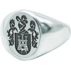 Sortija sello de Escudo Heráldico oval en plata talladaReferencia: SR0385Anillo de tipo sello ovalado fabricado en plata de ley con escudo heráldico de su apellido tallado.Medida: 13x16mm.